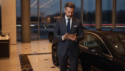 Homem de fato a analisar documentos de leasing diante de um carro de luxo num stand
